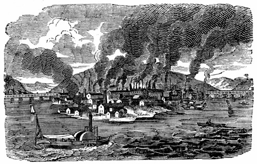 Vue d'ensemble de la ville de Pittsburgh, en pennsylvanie montrant les fumees s'echappant des nombreuses fonderies et des laminoirs