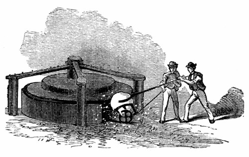 Putting ball of white-hot iron into a rotary squeezer