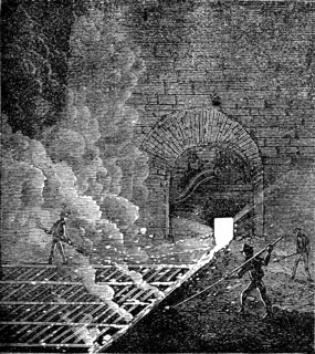 Pig Iron: tapping furnace and running molten iron into moulds to form pigs