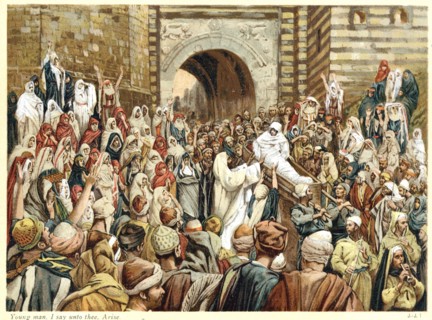 Jesus levant le fils de la veuve de Nain et disant "Jeune homme, je te le dis, leve-toi!"