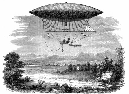 Henri Giffard's (1825-1882) steam powered steerable (dirigible) airship during its ascent of 25 September 1852; cigar shaped gasbag