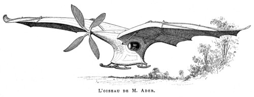 L'oiseau volant de Clement Ader "l'Eole", premier avion pilote a decoller sous sa propre vapeur, le 9 octobre 1890