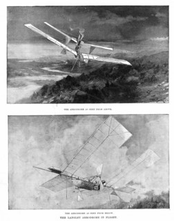 S.P. Langley (1834-1906), astronome et pionnier americain de l'aeronautique a bord de son avion a vapeur baptise "Aerodrome"