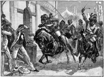 Indian Mutiny (Sepoy Mutiny) 1857-1859, mounted rebel Sepoys charging through the streets of Delhi