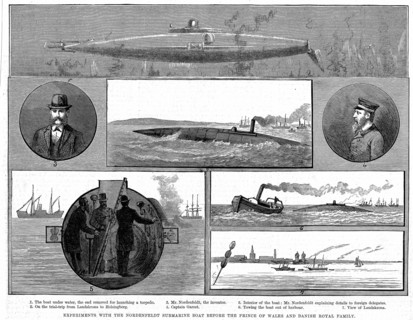 Torsten Nordenfeldt's steam powered submarine being demonstrated to the Prince of Wales and the Danish royal family