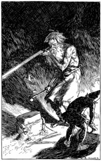 Puck aidant Wayland, forgeron des Dieux, a forger une epee