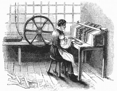Ouvrier preparant des cartes perforees pour metier a tisser Jacquard