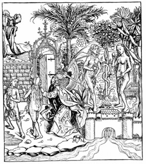 Adam et Ève, tentés par le Serpent, mangent les fruits de l'Arbre de la Connaissance