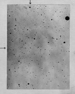 Long exposure of star field showing track of asteroid (planetoid) Sappho against points of stars