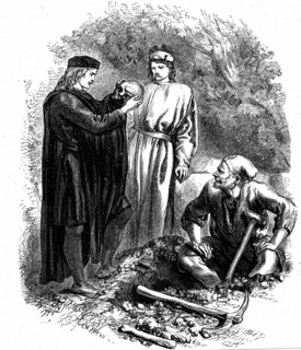 Hamlet, dans le cimetière aux côtés d'Horatio et du clown, examine le crâne de Yorick, "Hélas ! pauvre Yorick !... Je l’ai connu, Horatio !"