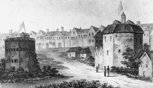 Théâtre du Globe, dans Bankside, à Southwark (à droite) et Bear Garden vers 1597