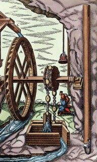 Mine drainée par une pompe alimentée par une grosse roue à eau