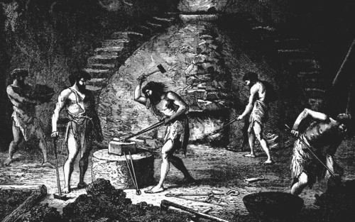 Artist's reconstruction of a late Iron Age forge.  In centre smith is hammering iron