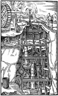 On draine les mines à l'aide de pompes aspirantes fonctionnant grâce à une roue à eau