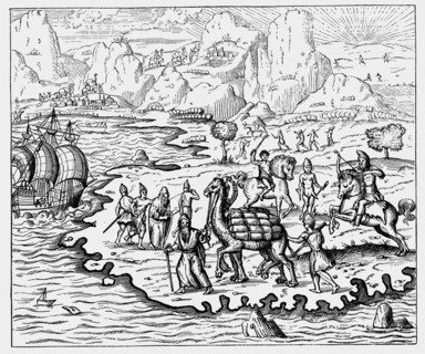 Des marchands transportent des marchandises vers la côte et attendent les navires à côté de leurs chameaux