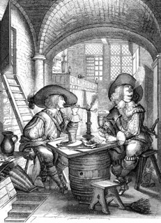 Officers drinking and smoking clay pipes In left background is curtained bed