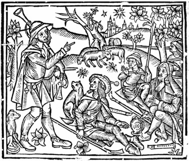 Shepherds with their flocks and dogs