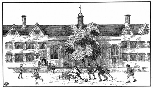 Artist's impression of boys in Tudor times playing football at Berkhamsted Grammar School, Hertfordshire