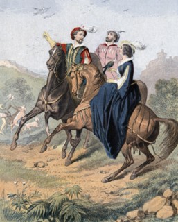Falconry: artist's impression of late 16th century party out hawking