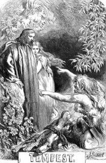 Prospero, holding his daughter Miranda