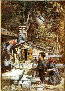 Hansel and Gretel and the Witch on the doorstep of her cottage, showing tiles made of gingerbread.