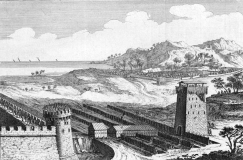 Reconstruction of Julius Caesar's siege of Marseilles, showing the musculus or covered way to protect engineers approaching walls of besieged city
