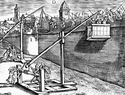 Roman warfare: raising 'baskets' of attackers to ramparts of a besieged fortress