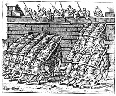Roman soldiers forming a Tortoise with their shields and approaching the walls of a besieged fortress