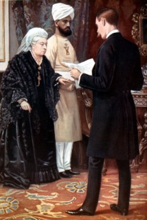 Queen Victoria listening to a dispatch from the front line during the Boer War