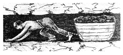 Boy 'putter' dragging a sledge of coal along a narrow seam - South Wales