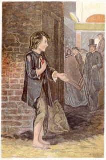 Poor boy, shoeless and in rags, begging on a street corner. Chromolithograph London c1880