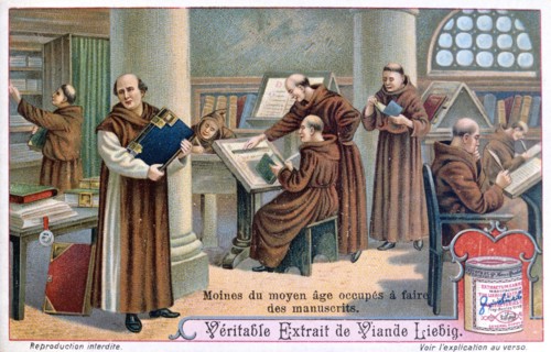 Monks at work on manuscripts in a scriptorium
