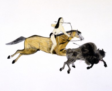 Mounted Grand Plains Indian hunting Buffalo