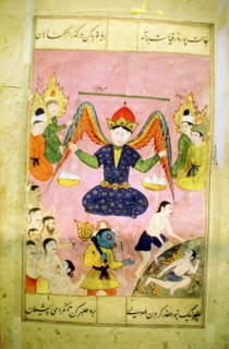 Arab manuscript depicting angel weighing a soul