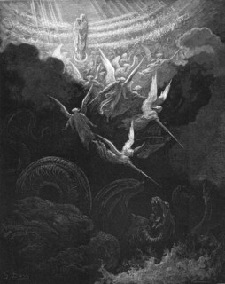 Archangel Michael and his angels fighting the dragon