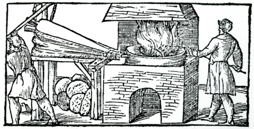 Using bellows to increase draught in furnace for refining copper