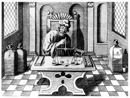 Assayer testing samples of gold and silver