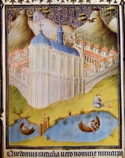 Carthusian monks netting and hooking fish in monastery fishponds, Chartreuse
