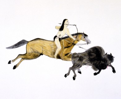 Mounted Grand Plains Indian hunting Buffalo