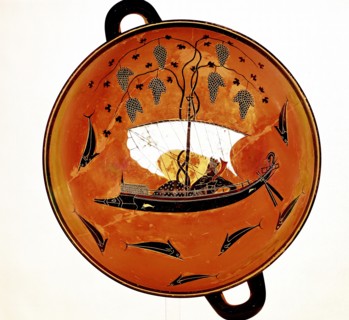 Dionysius, Greek god of wine) in sailing boat surrounded by dolphins Greek dish 530 BC
