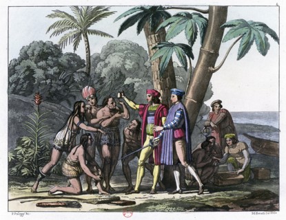 Columbus presenting gifts to the first natives