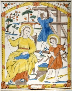 The Holy Family: St Joseph works as carpenter in background, while Mary sews and the boy Jesus sweeps the room