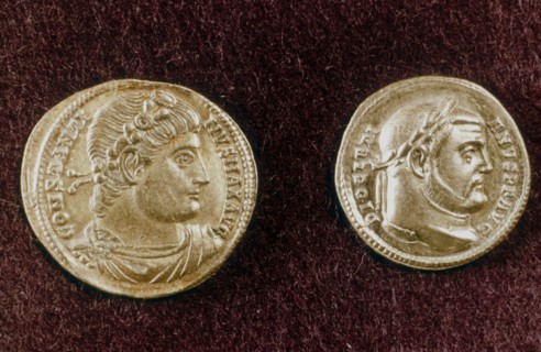 Gold coins showing heads of Roman emperors CONSTANTINE the Great