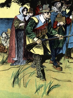 Pilgrim Fathers advancing into America after crossing from Europe in the 'Mayflower' in 1620