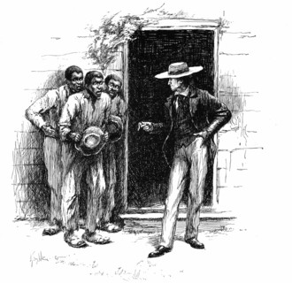 Louisiana planter showing a voodoo charm to apprehensive plantation workers