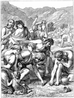 Israelites in the wilderness collecting the manna that fell from heaven