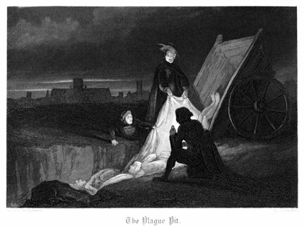 Consigning bodies of the plague to a communal grave in the plague pit