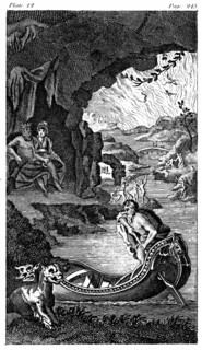 Hades, showing Charon the ferryman, Cerberus, three-headed dog guarding entrance,