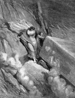 Dante and Virgil at the edge of the abyss from which a foetid smell steamed up: Canto XI