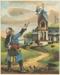 Munchausen, having tethered his horse to pole in snowstorm
